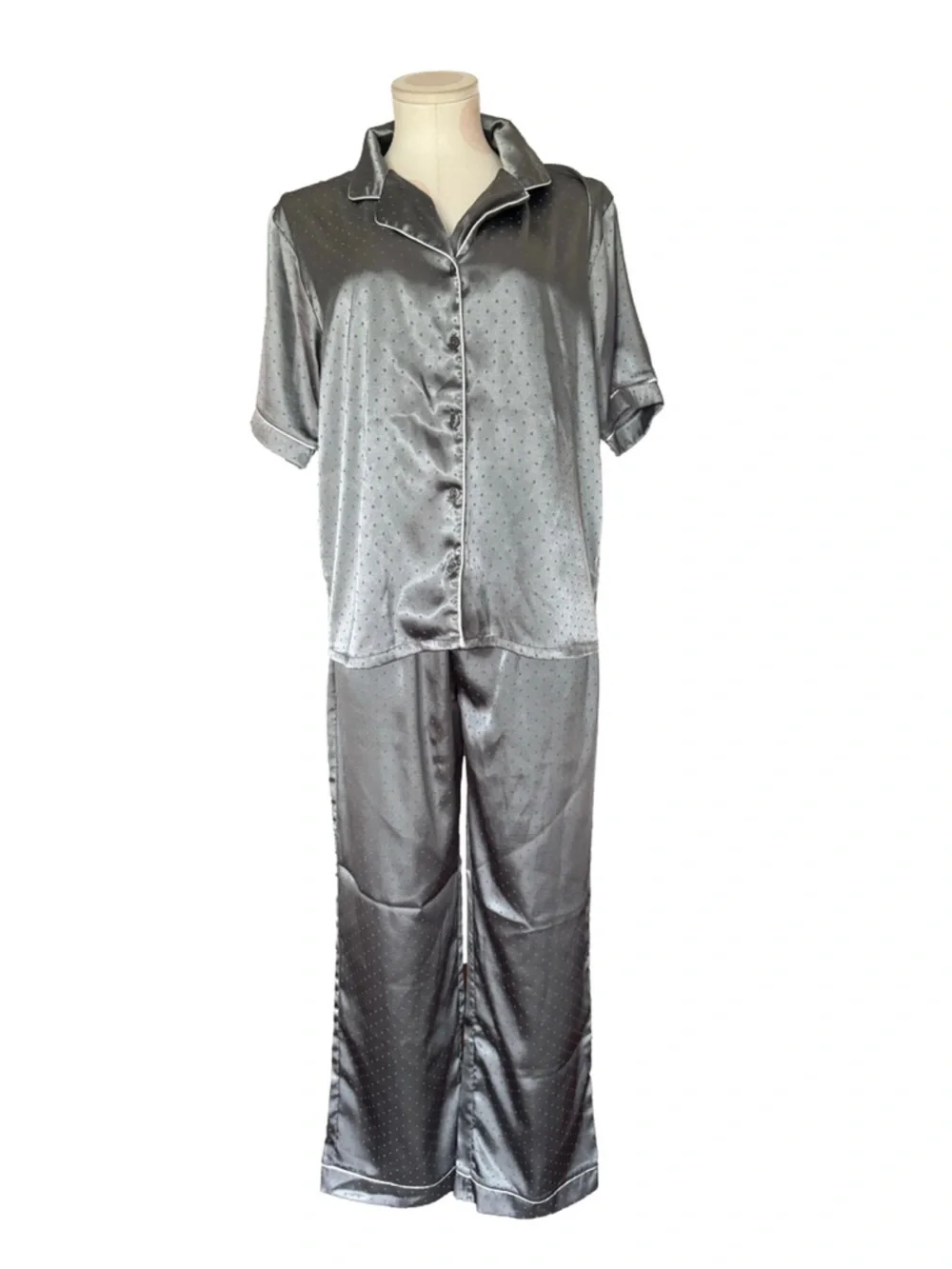 Loungewear Pajama Set - Silver Satin Polka Dot - M